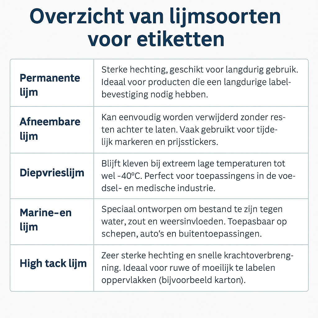 Verschillende lijmsoorten etiketten overzicht
